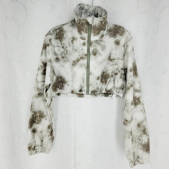 Zara Tie Dye Cropped Zip Jacket Drawstring Waist High Neck Olive Green Medium - Picture 6 of 11